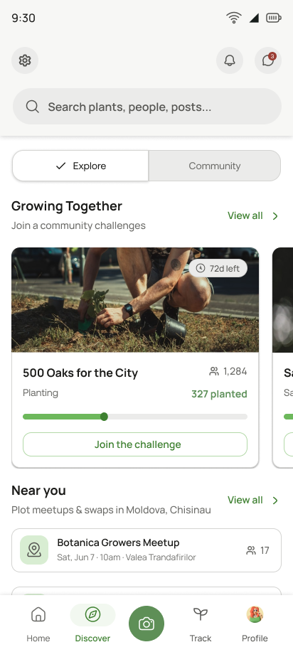 Discover tab: Explore for browsing plants, and Community